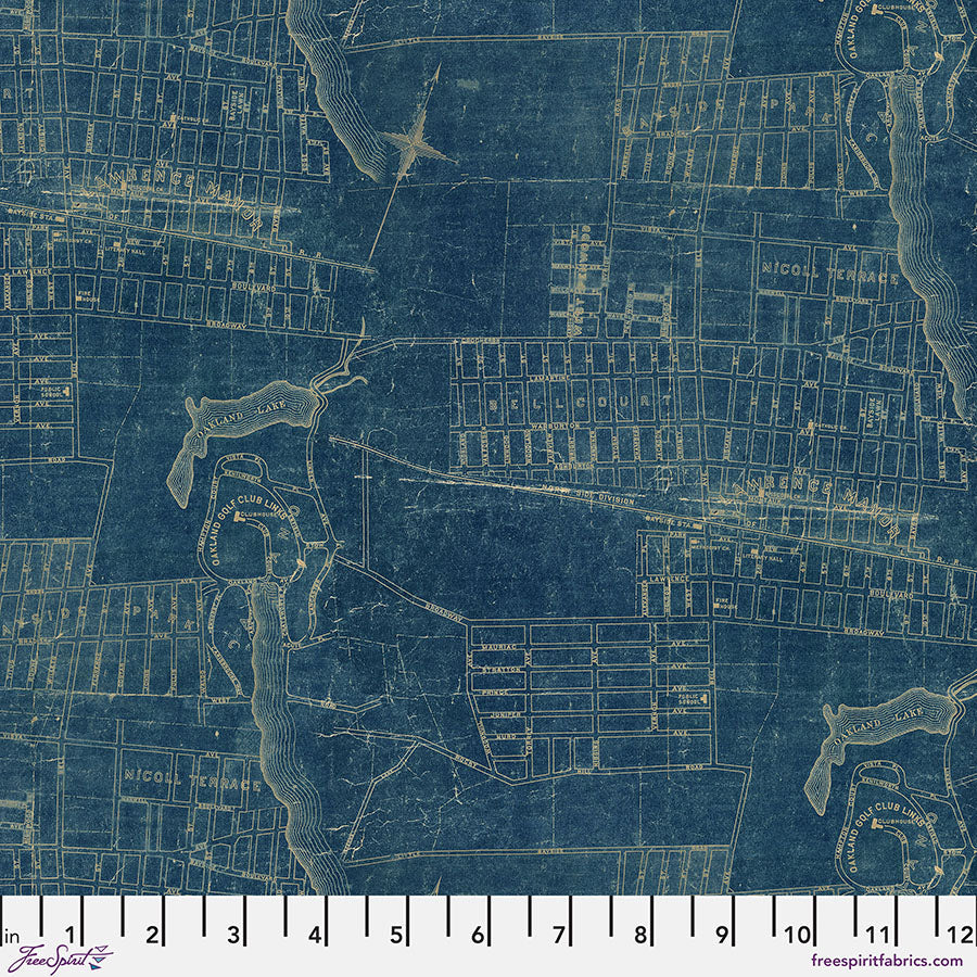 Tim Holtz Palette Blue Map quilting fabric for FreeSpirit in Blue