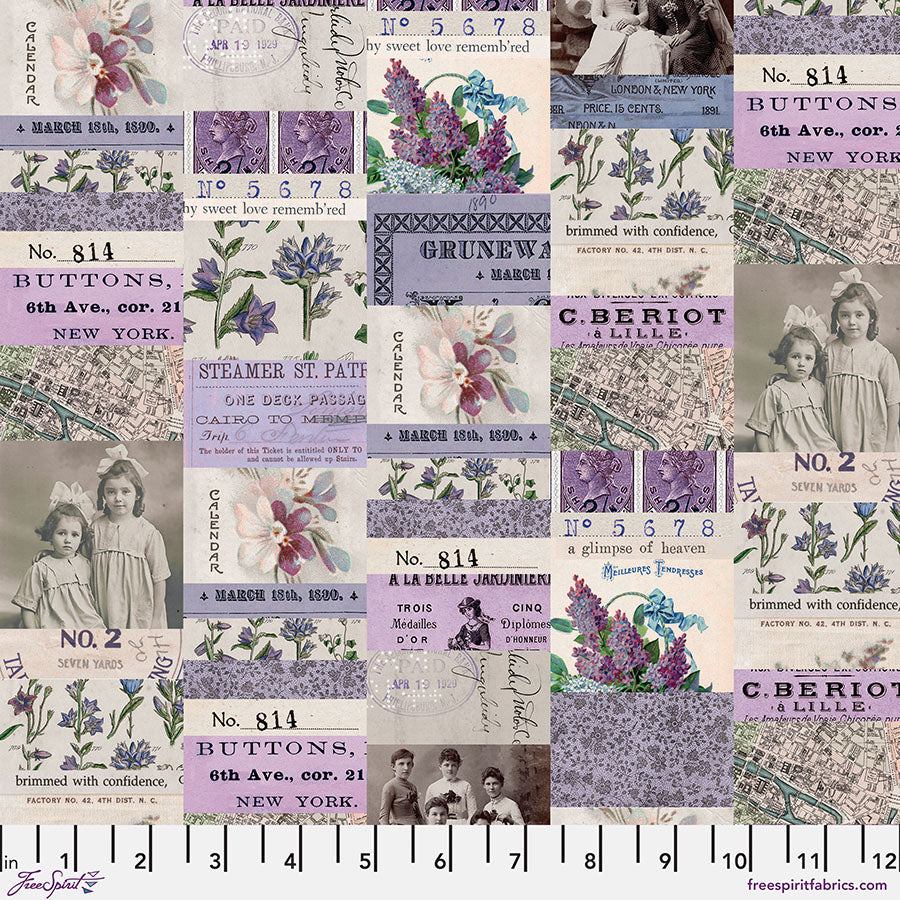 Tim Holtz Palette Purple Collage quilting fabric by FreeSpirit — vintage collage imagery in purple