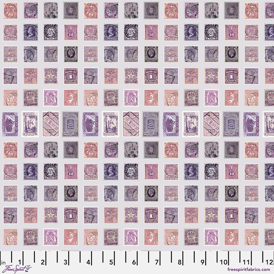 Tim Holtz Palette Purple Stamps quilting fabric — vintage postage stamp print in purple