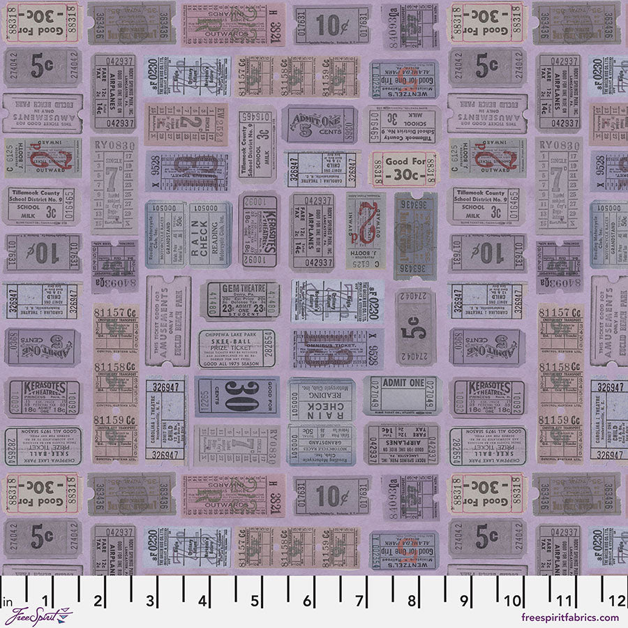 Tim Holtz Palette Purple Tickets quilting fabric by FreeSpirit — vintage ticket ephemera in purple