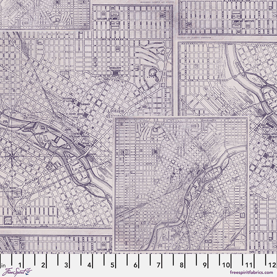 Tim Holtz Palette Purple Map quilting fabric by FreeSpirit — vintage map imagery in purple