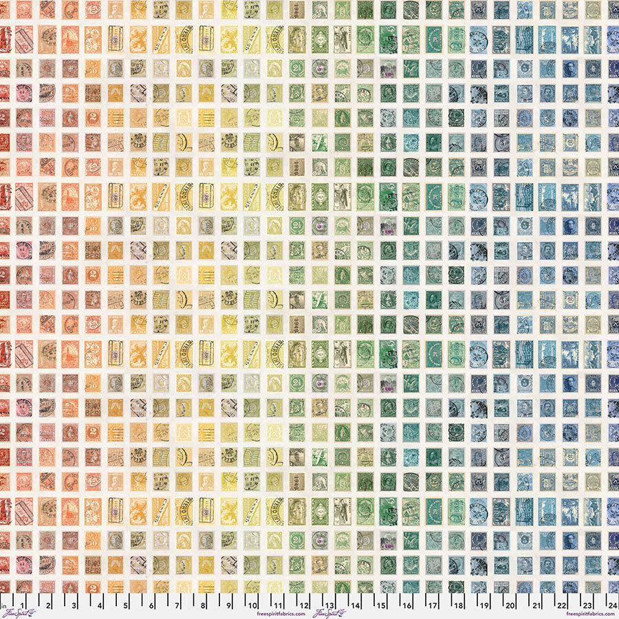 Tim Holtz Palette Multi Stamps PWTH321 quilting fabric — vintage postage stamp collage