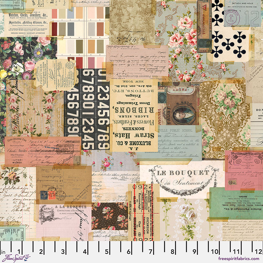 Tim Holtz Palette Multi Ephemera quilting fabric — vintage ephemera collage print