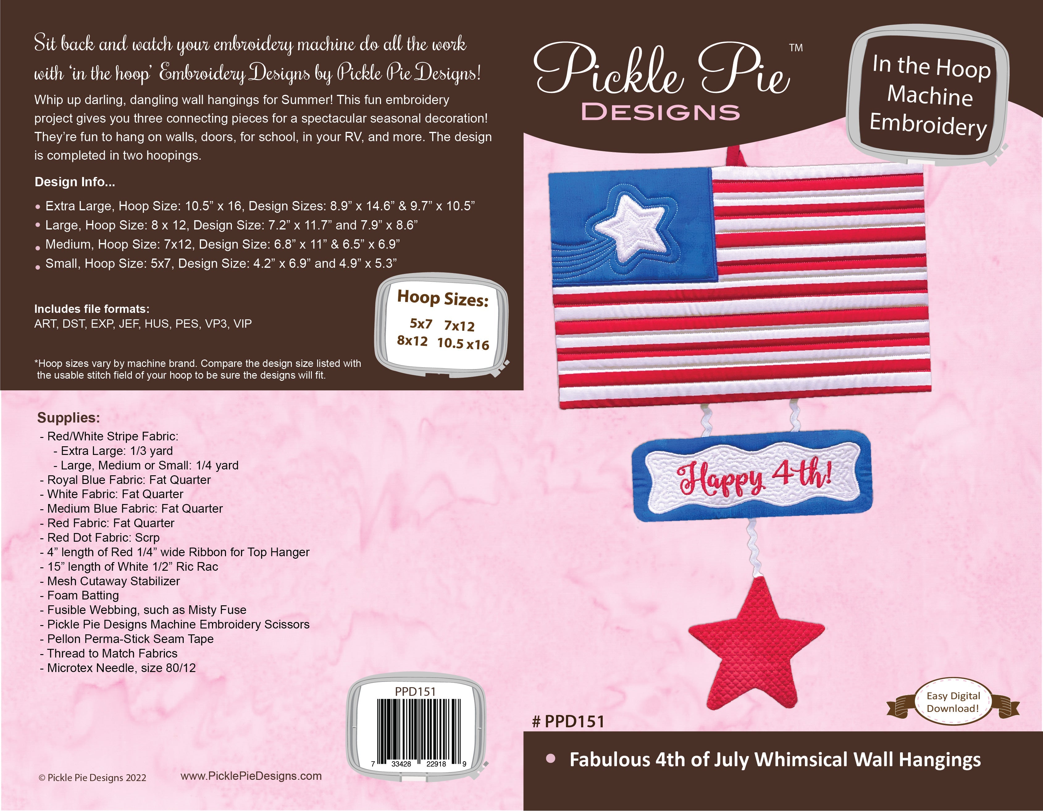 Fabulous 4th Whimsical Wall Hangings In the Hoop Machine Embroidery Design Set