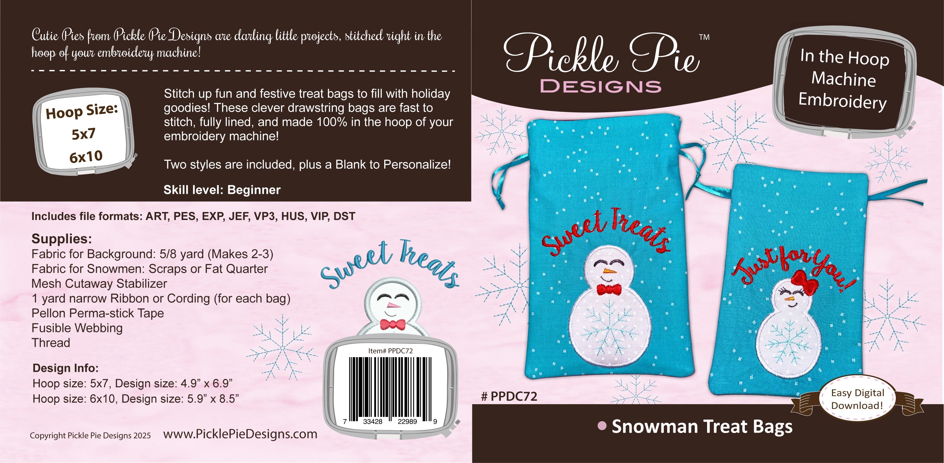 Snowman Treat Bags In the Hoop Machine Embroidery Design