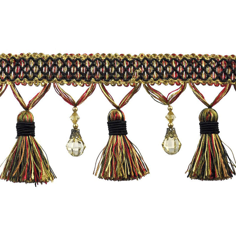 Paulette Collection - 4" width BEADED TASSEL FRINGE (25 Yard Roll) - BF-4027-02/36 Black, Red and Green