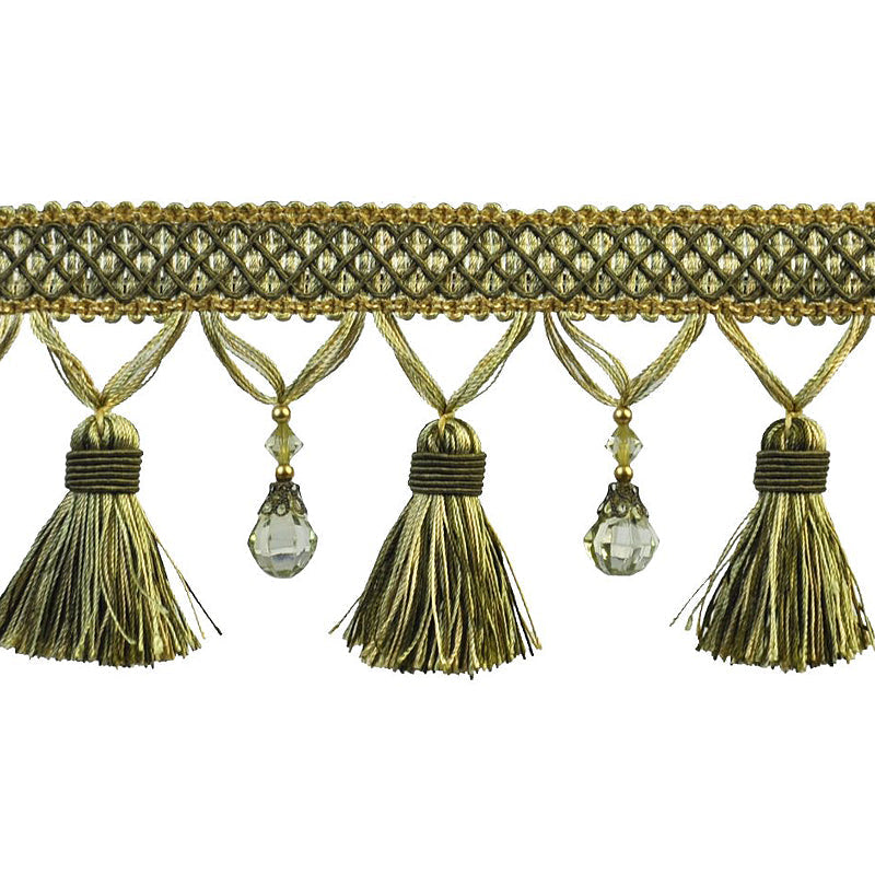 Paulette Collection - 4" width BEADED TASSEL FRINGE (25 Yard Roll) - BF-4027-10/25 Gold and Hunter Green