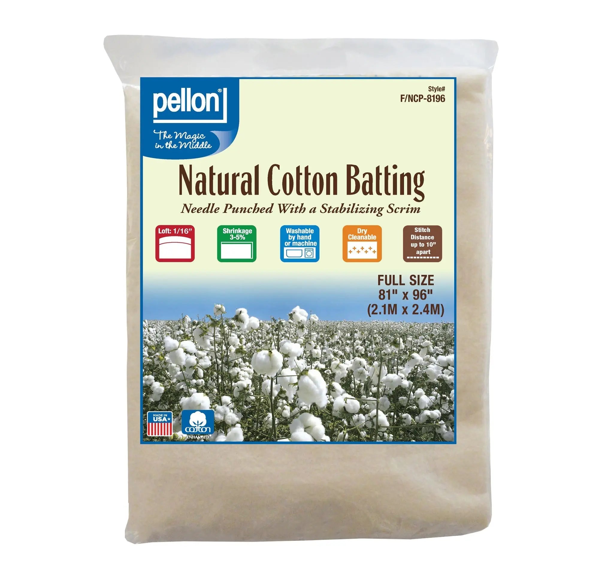 Pellon® Natural Cotton Batting With Scrim 81" x 96" Full Size Package. Pellon