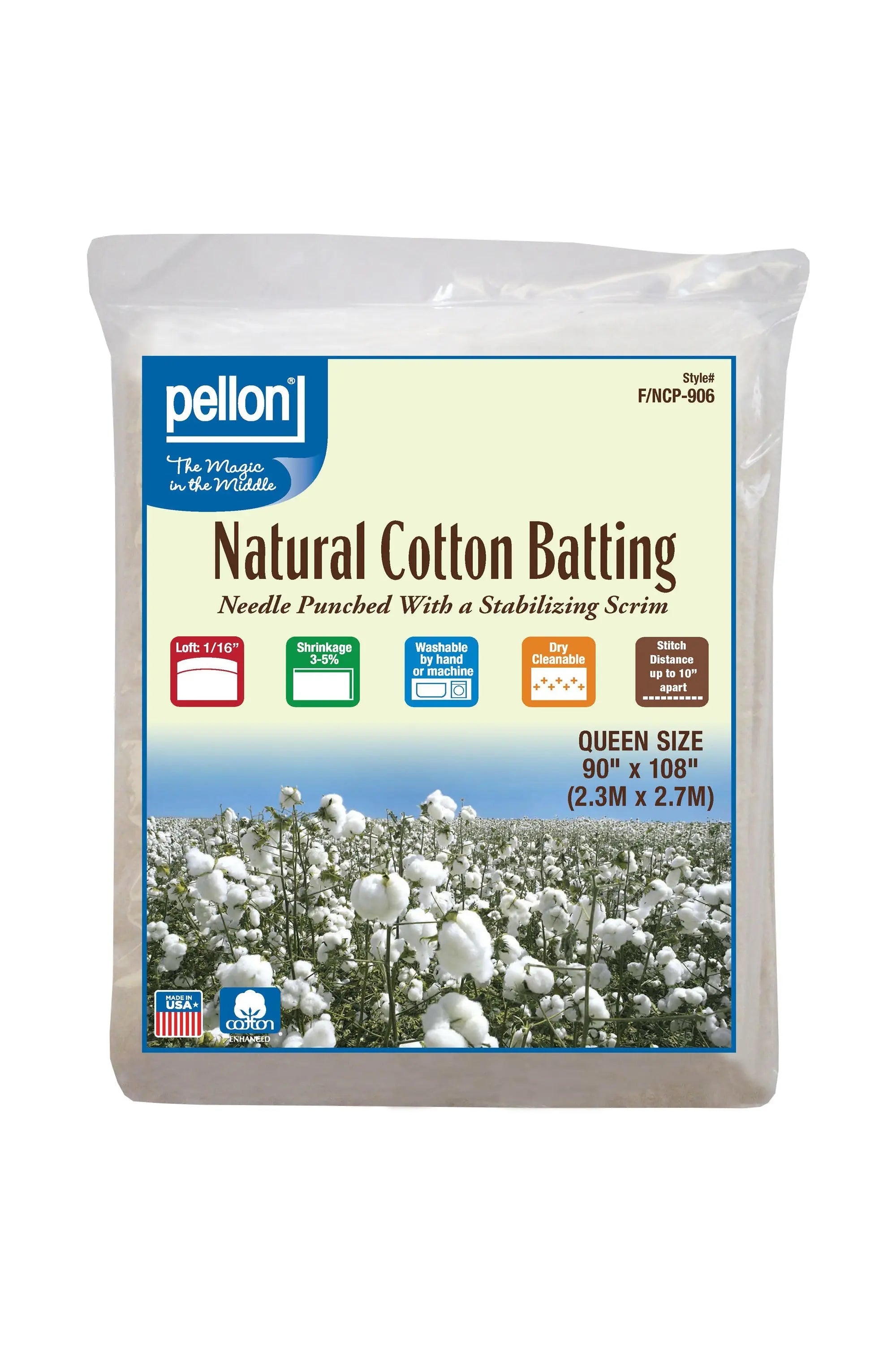 Pellon® Natural Cotton Batting With Scrim 90" x 108" Queen Size Package. Pellon