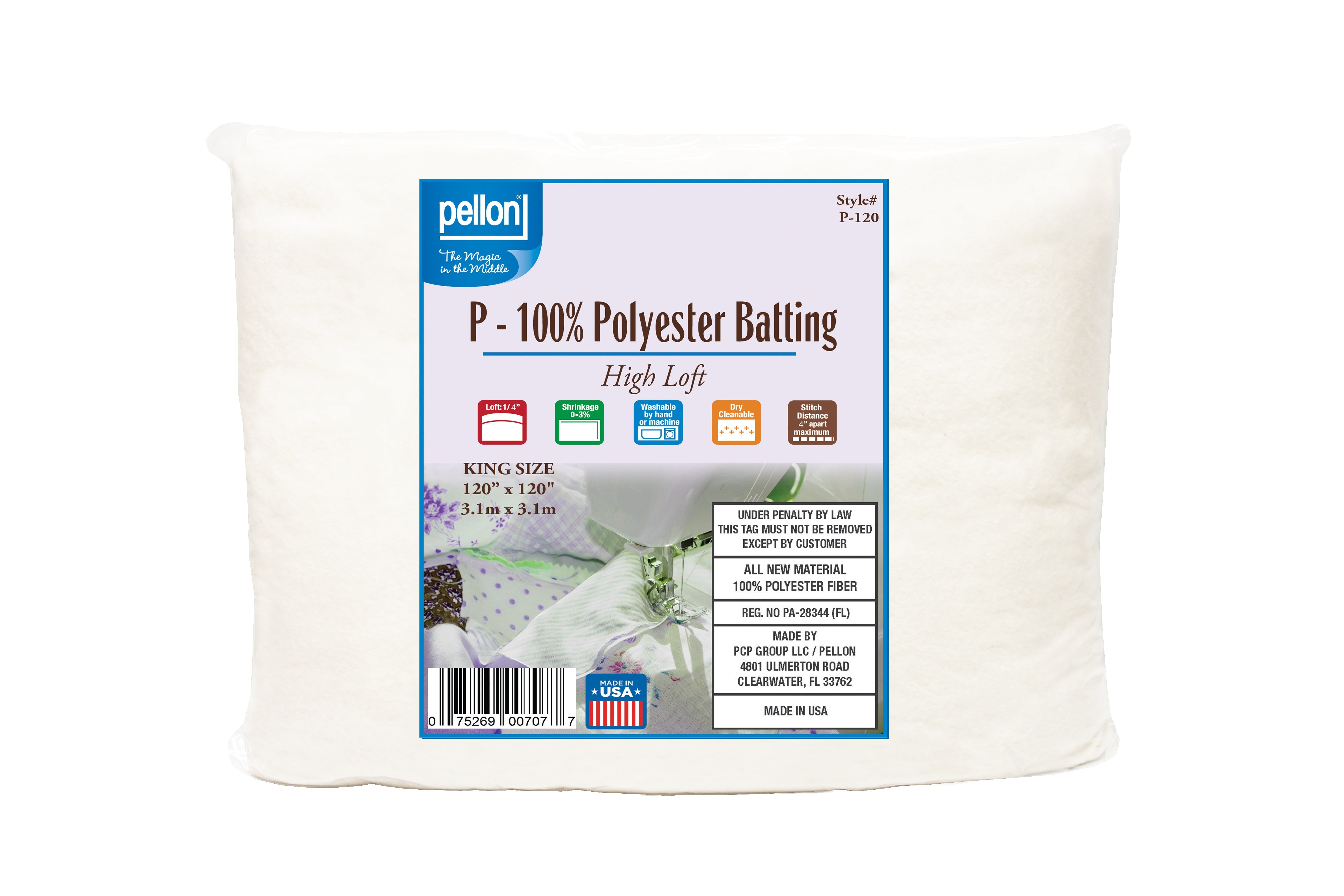 Pellon® Polyester Batting 120" x 120" King Size Package.