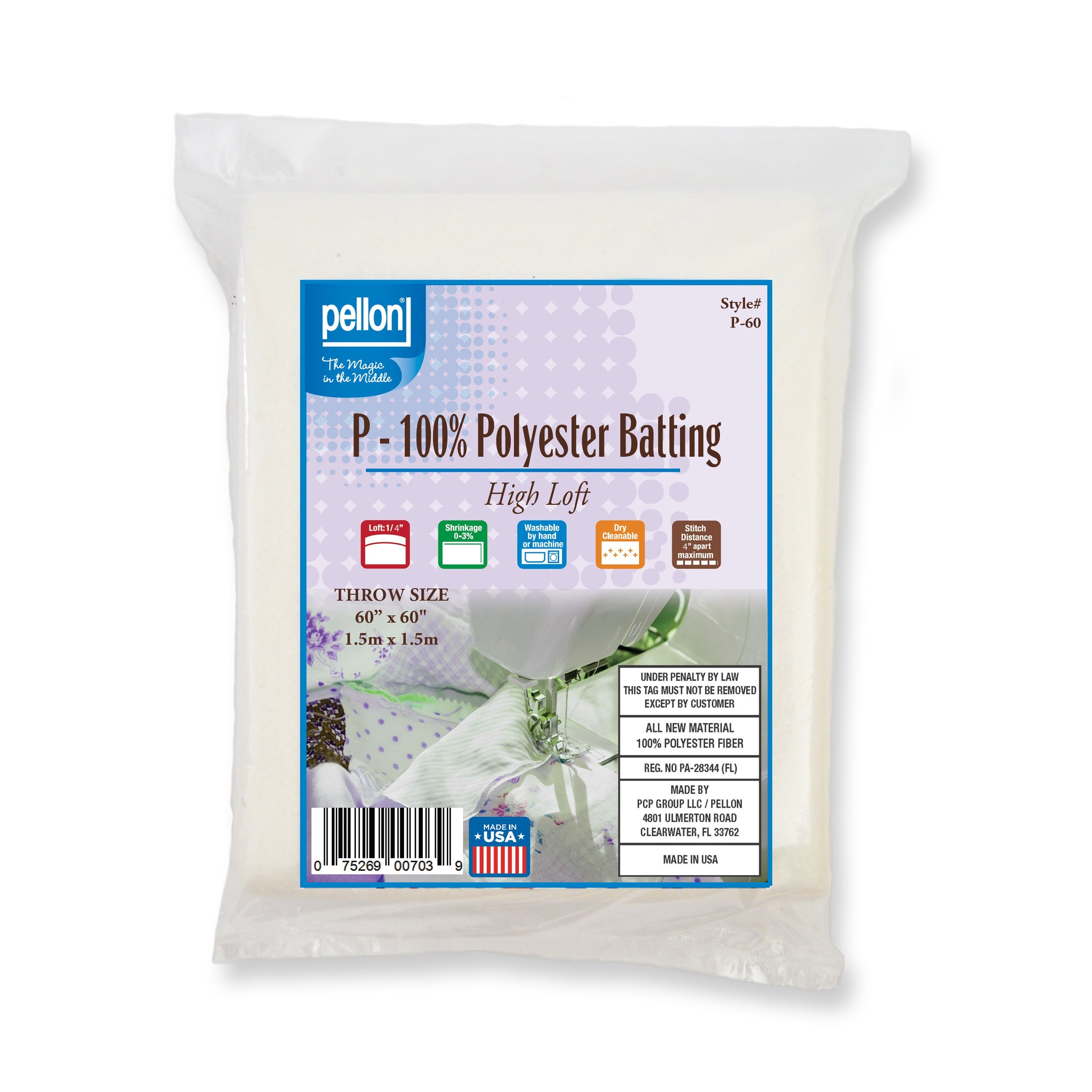 Pellon® Polyester Batting 60" x 60" Throw Size Package.