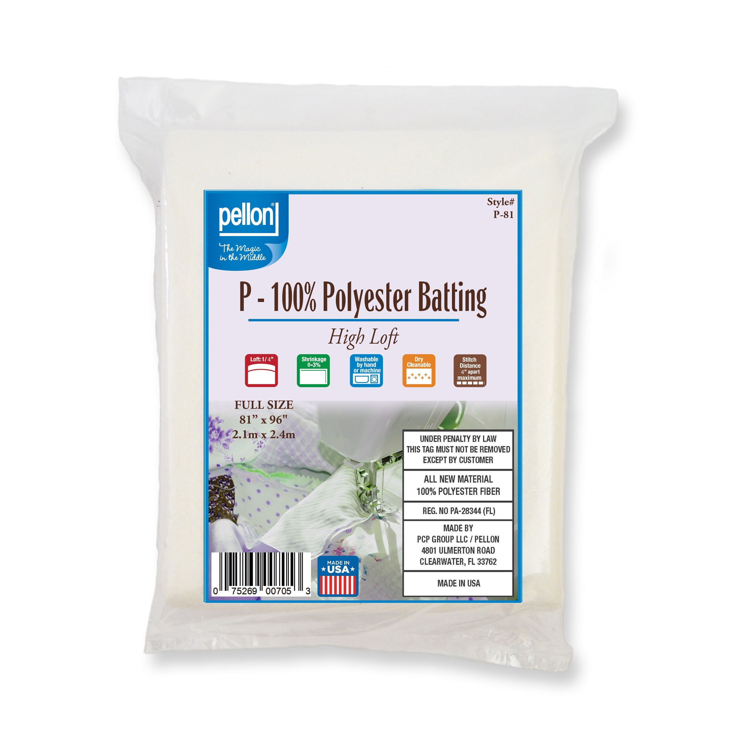 Pellon® Polyester Batting 81" x 96" Full Size Package.