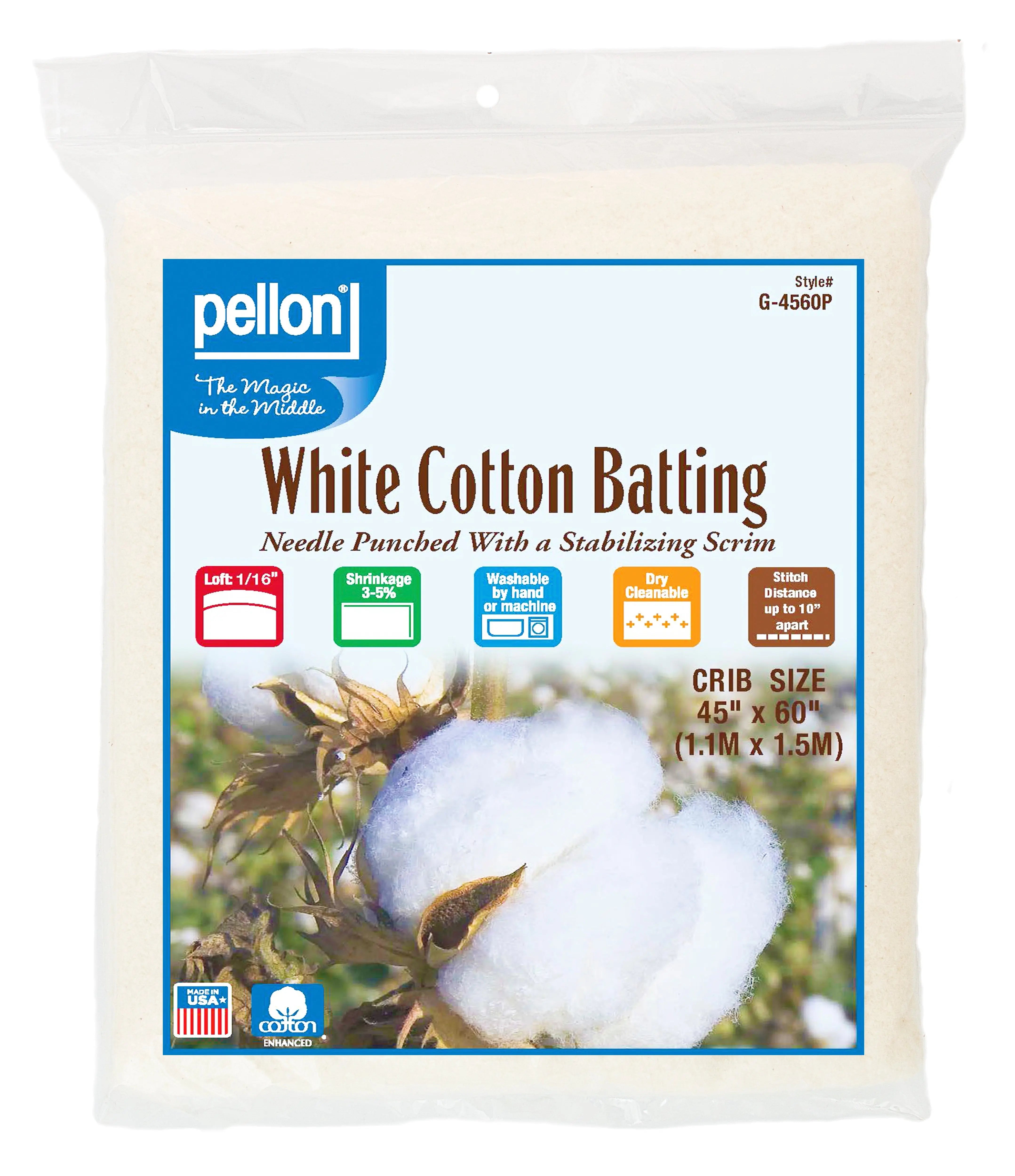 Pellon® White Cotton Batting With Scrim 45" x 60" Crib Size Package. Pellon