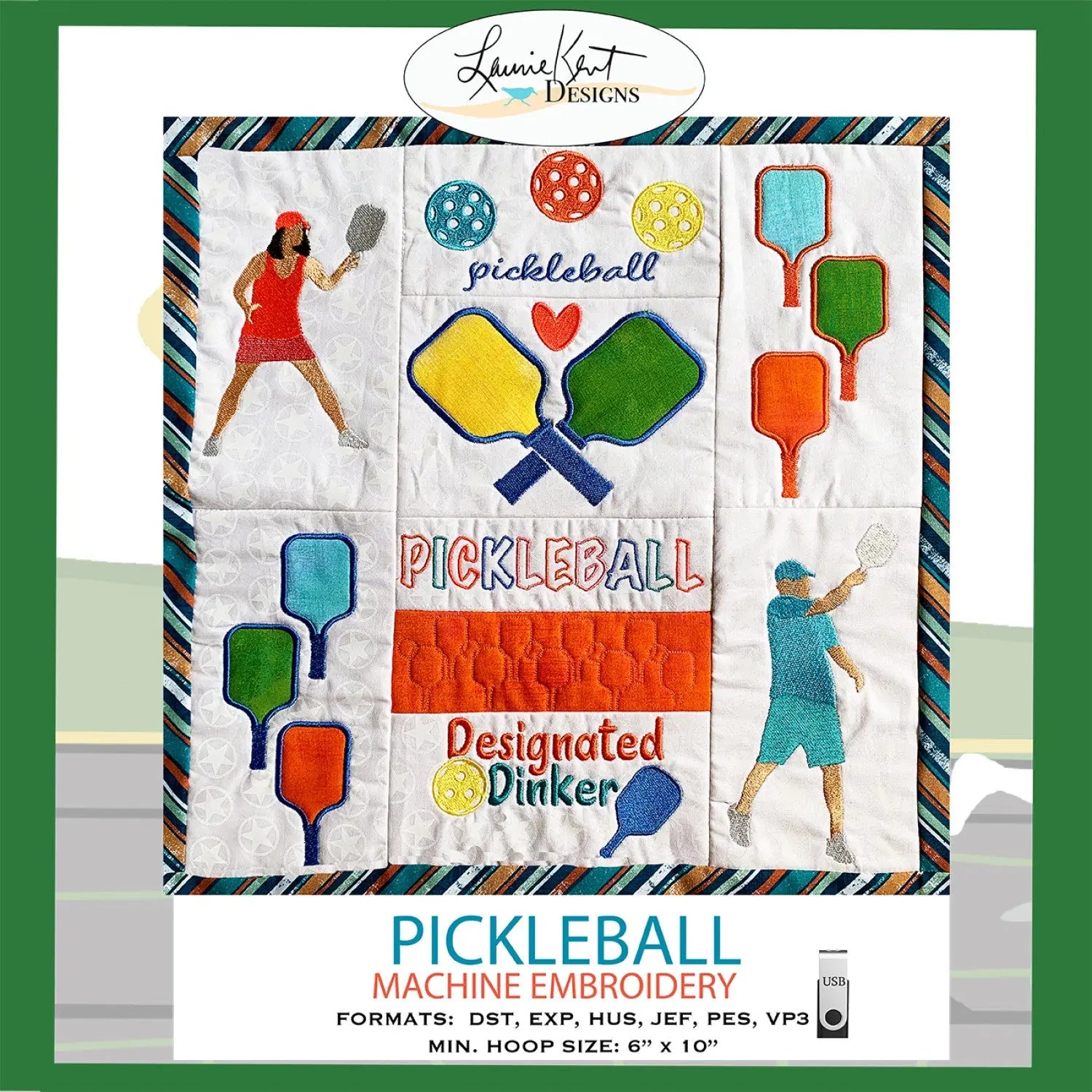 Pickleball Fun Embroidery Pattern Laurie Kent Designs