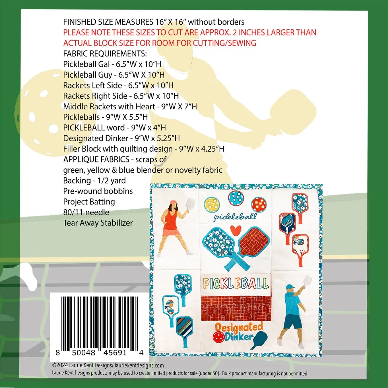 Pickleball Fun Embroidery Pattern Laurie Kent Designs