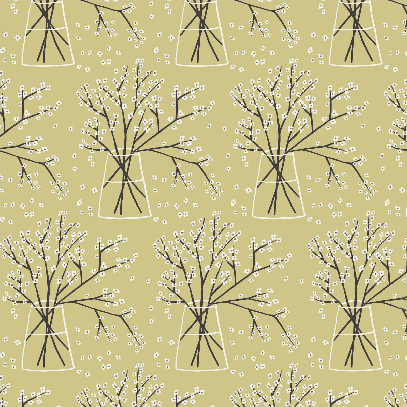 Planted Branches quilting fabric by Betsy Siber for Cloud9 Fabrics, leafy branch print on cotton, sold by the yard