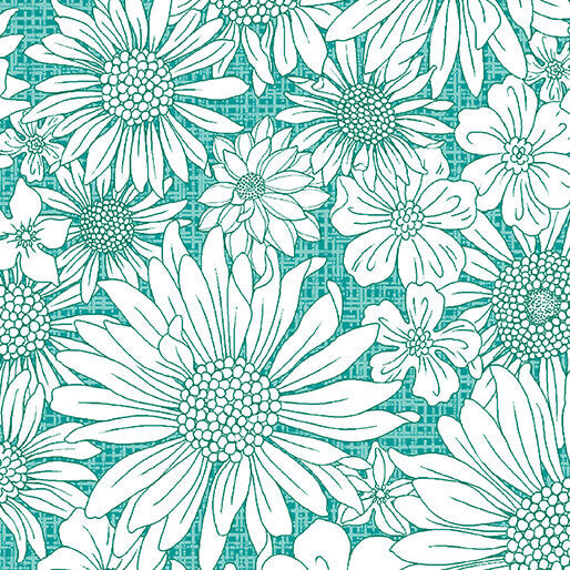 Porch Swing Upsy Daisy quilting fabric in turquoise by Benartex, daisy print on turquoise cotton, sold by the yard