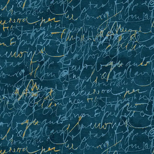 Prussian Fluidity Script Small Cotton 44”/45" Fabric Per Yard Benartex Inc