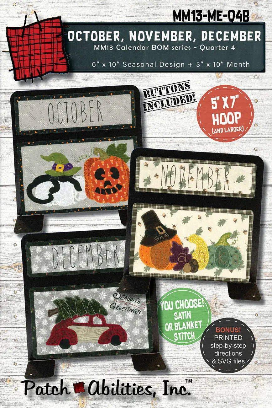 Quarter 4 Calendar Series Machine Embroidery with Buttons - Linda's Electric Quilters