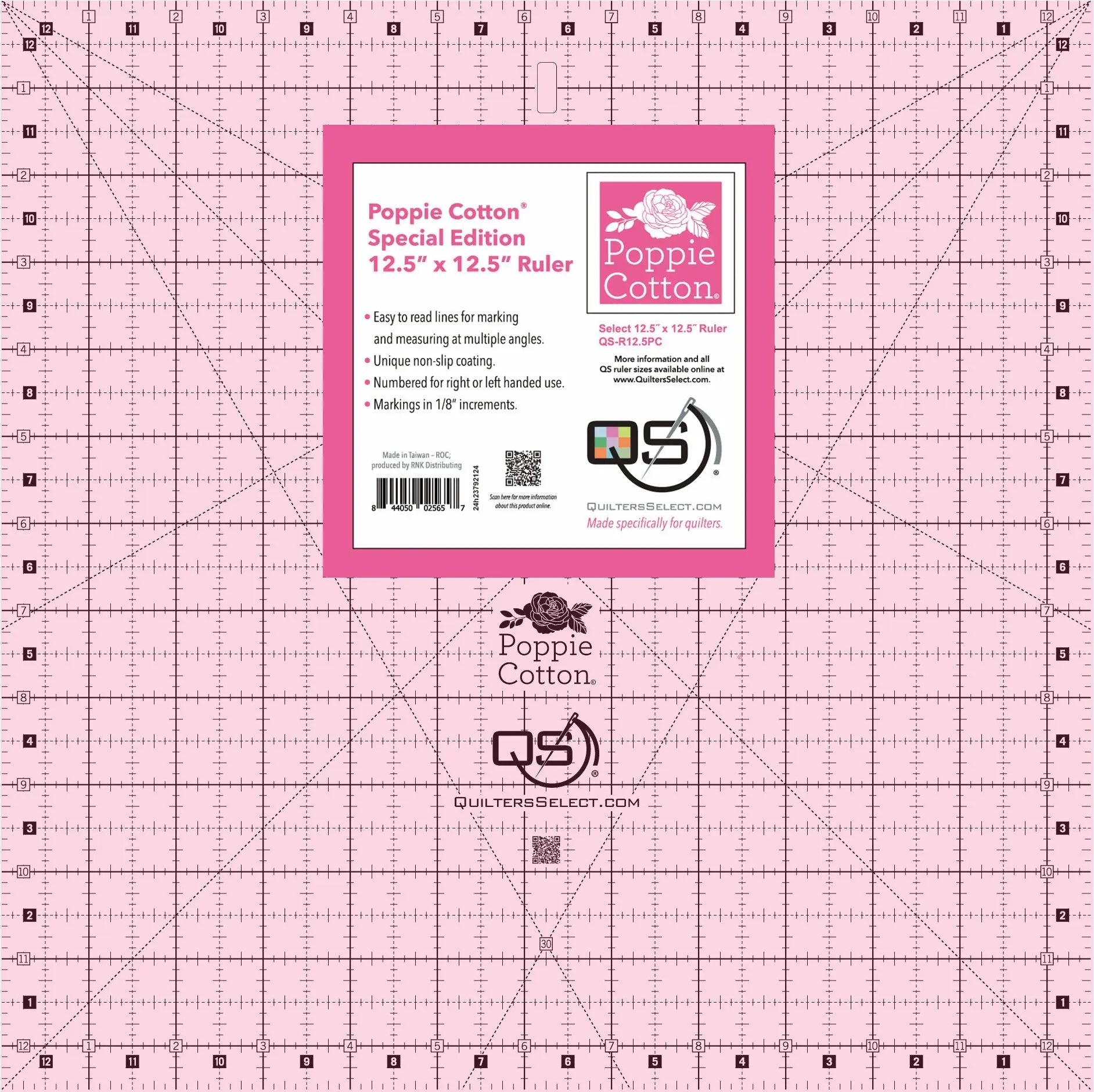 Quilters Select Poppie Cotton 12.5" x 12.5" Pink Non-Slip Ruler - Linda's Electric Quilters