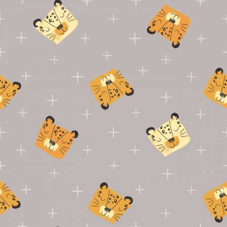 RJR Fabrics Wilder Ones Grey Spot the Leopard quilting fabric — playful leopards on grey