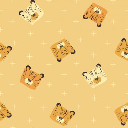 RJR Fabrics Wilder Ones Yellow Spot the Leopard quilting fabric — playful leopards on yellow