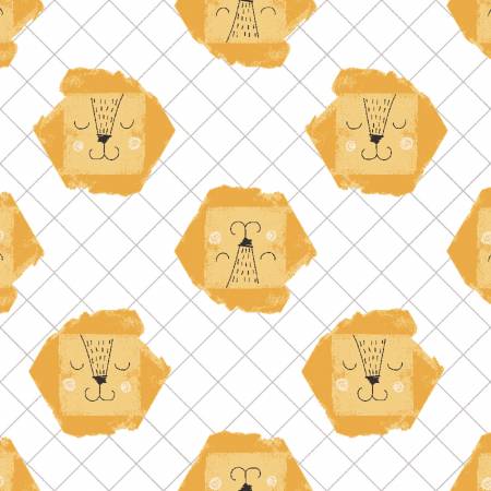 RJR Fabrics Wilder Ones Golden Hour Yellow Hear Me Roar quilting fabric — friendly lions on gold