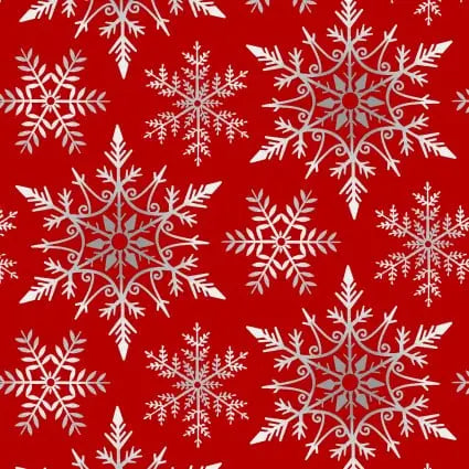 Red Grey Crystal Frost Snowflakes Cotton Wideback Fabric per yard - Linda's Electric Quilters