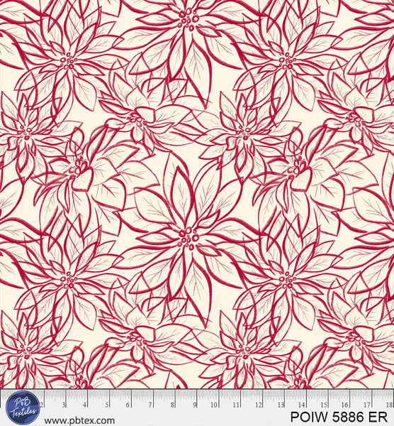 Red on Cream Poinsettia Cotton Wideback Fabric per yard P&B Textiles