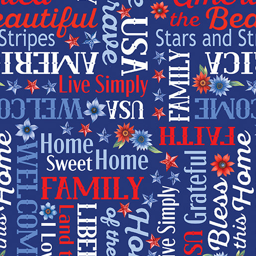 Red, White and Sweet Words Navy Cotton 44"/45" Fabric Per Yard