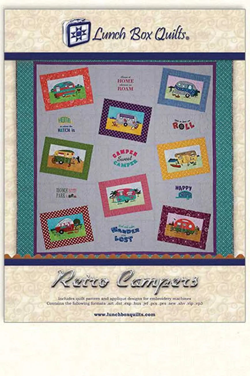 Retro Campers Applique Machine Embroidery Pattern with Redemption Card and CD - Linda's Electric Quilters