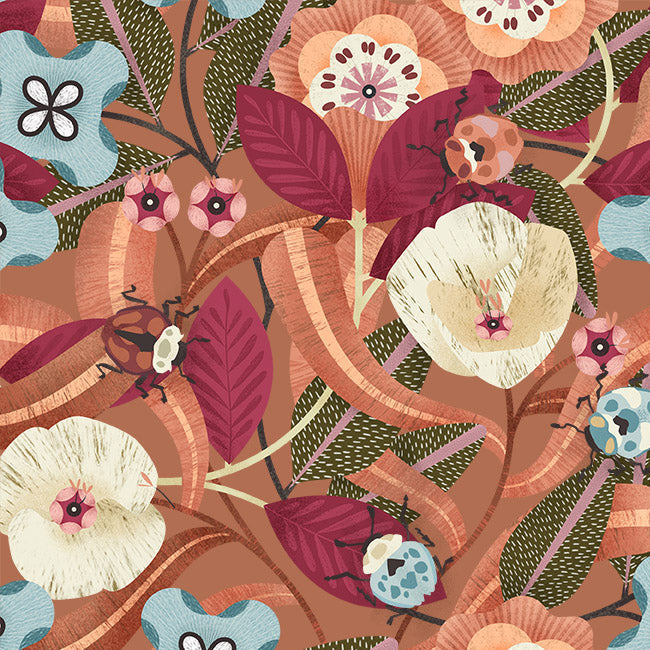 Rust Beetles And Blooms Cotton 44"/45" Fabric Per Yard