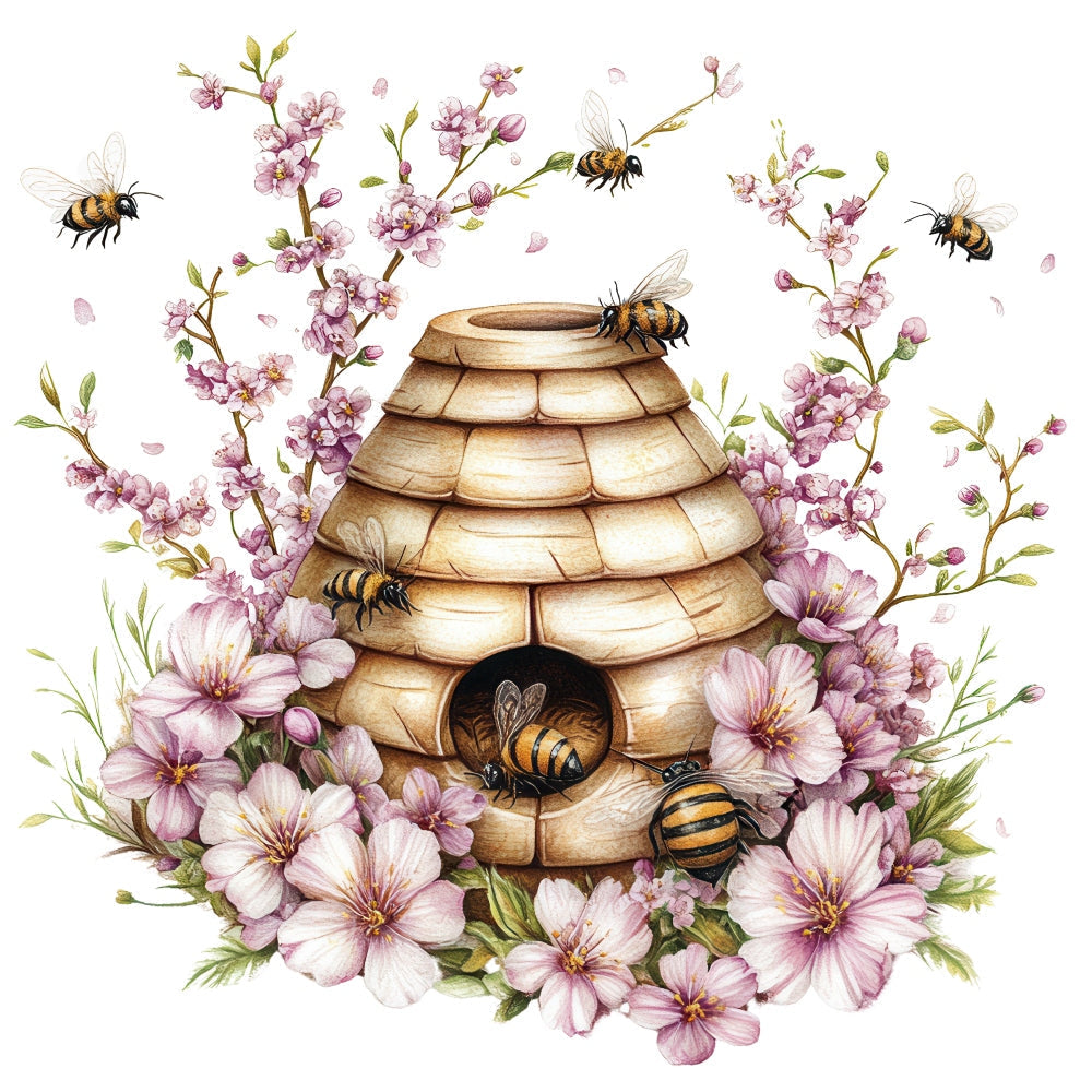 Rustic Beehive with Flowers Fabric Panel 1