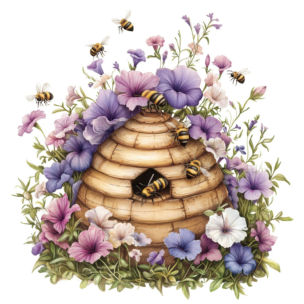 Rustic Beehive with Flowers Fabric Panel 13 QuiltingFabricPanels