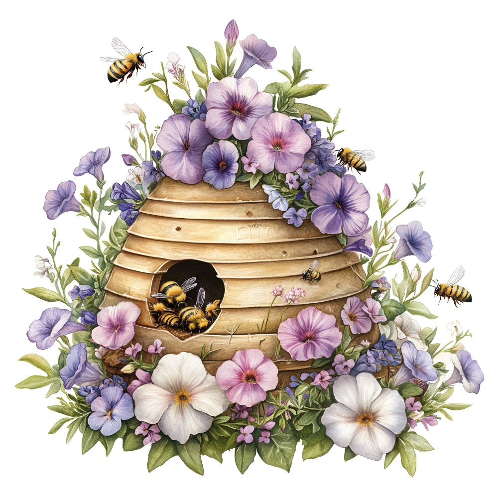 Rustic Beehive with Flowers Fabric Panel 14 QuiltingFabricPanels