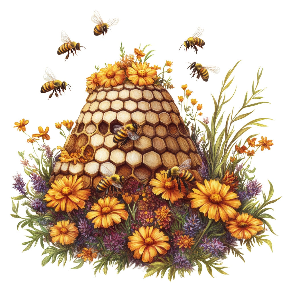 Rustic Beehive with Flowers Fabric Panel 22