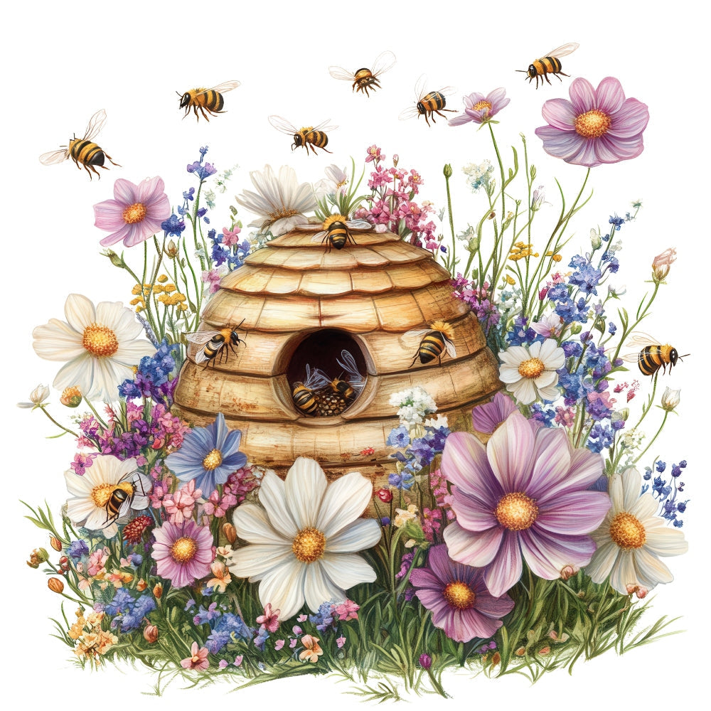 Rustic Beehive with Flowers Fabric Panel 25