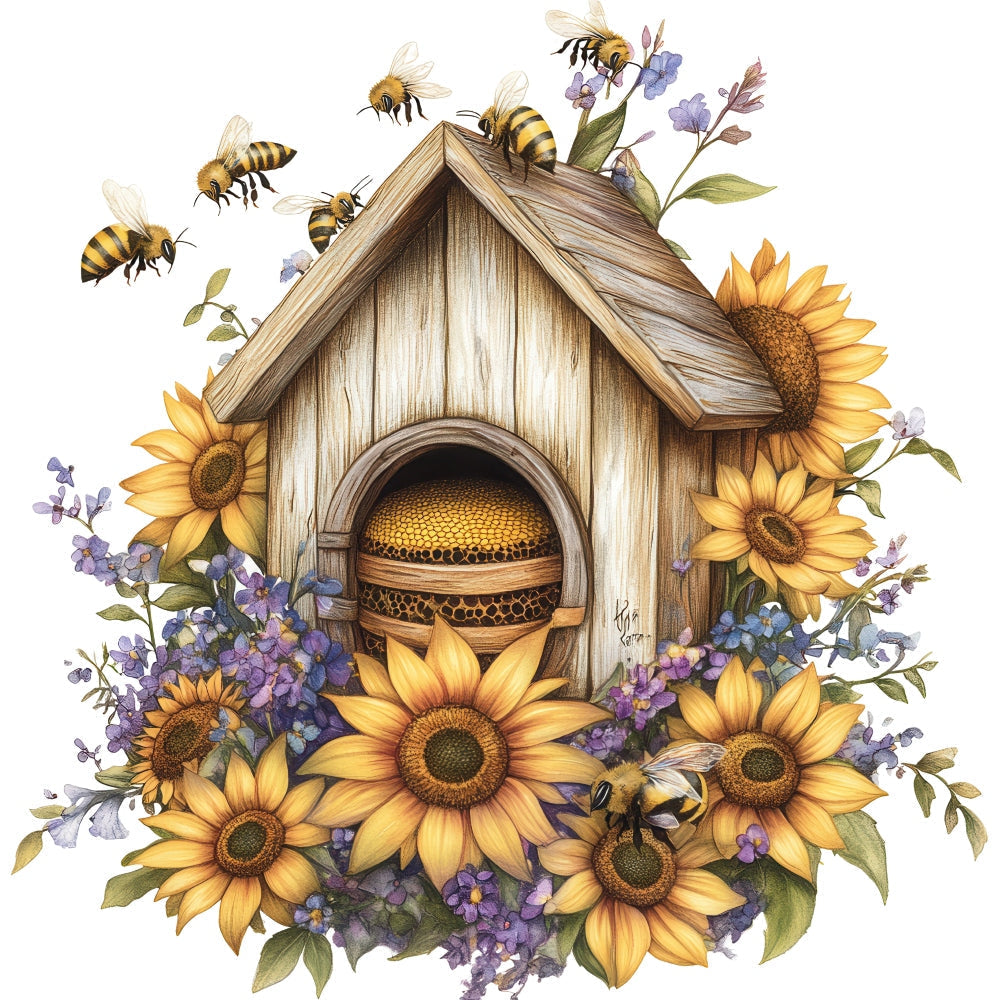 Rustic Beehive with Flowers Fabric Panel 29 QuiltingFabricPanels