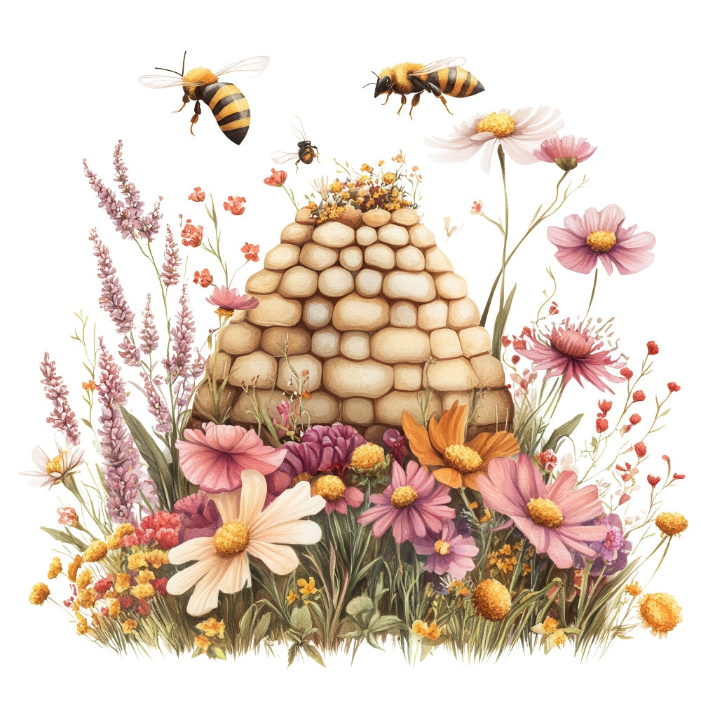 Rustic Beehive with Flowers Fabric Panel 32 QuiltingFabricPanels