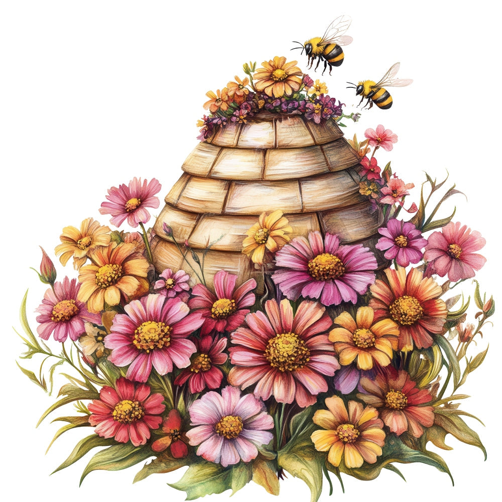 Rustic Beehive with Flowers Fabric Panel 7
