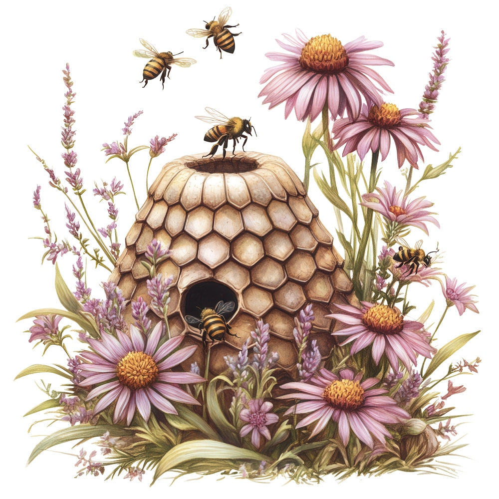 Rustic Beehive with Flowers Fabric Panel 5