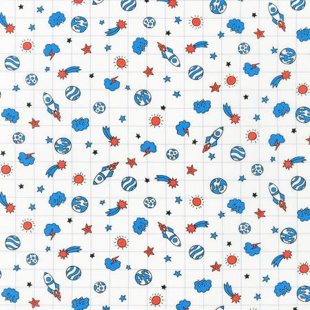 Robert Kaufman Space White quilting fabric — rockets and planets