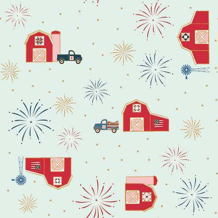Riley Blake Sweet Freedom barns quilting cotton fabric in Bleached Denim Sparkle