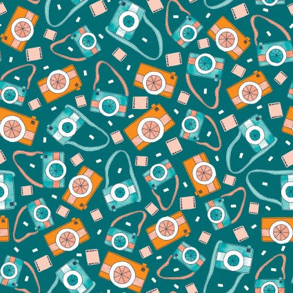 Studio E Welcome To Our Neighborwood Teal quilting fabric — woodland friends on teal