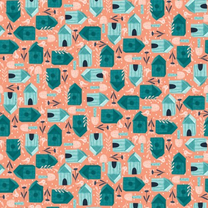 Studio E Welcome To Our Neighborwood Pink quilting fabric — woodland friends on pink