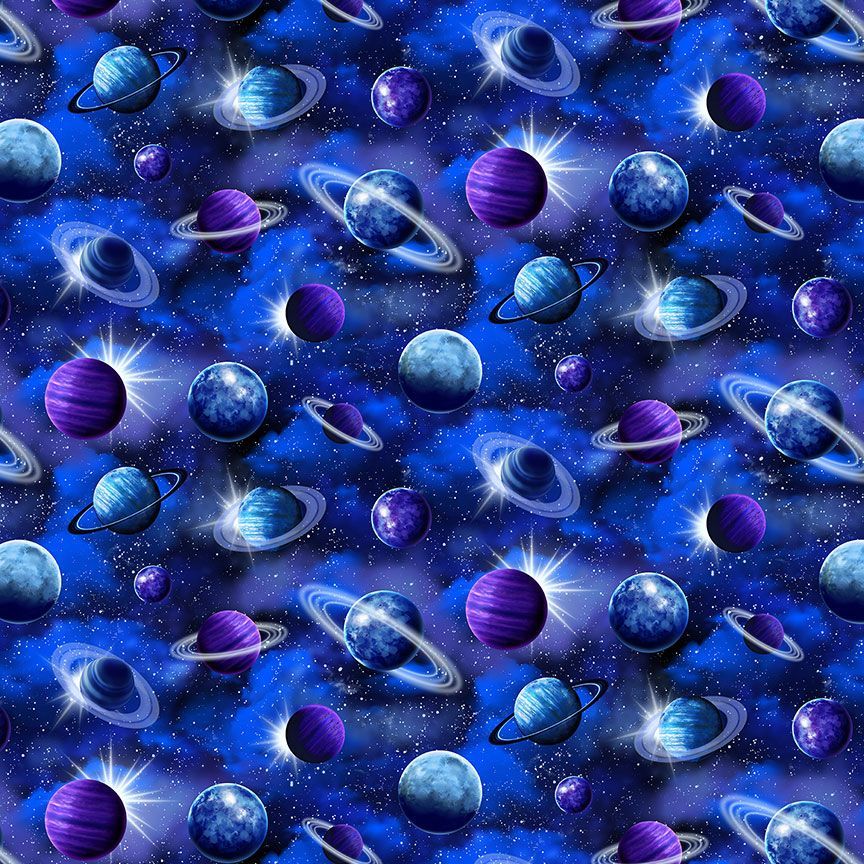 Navy Tossed Planets Cotton 44"/45" Fabric Per Yard