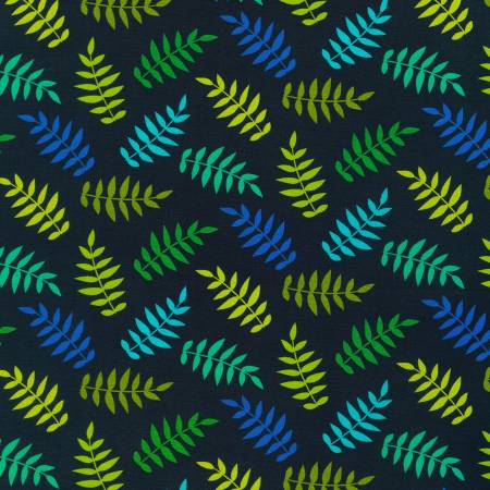 Robert Kaufman Alphabetosaurus Leaves Black quilting fabric — prehistoric leaves on black