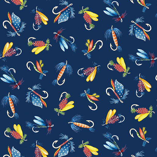 Sail Away - Fishing Lures - Navy 44" / 45" Fabric per yard