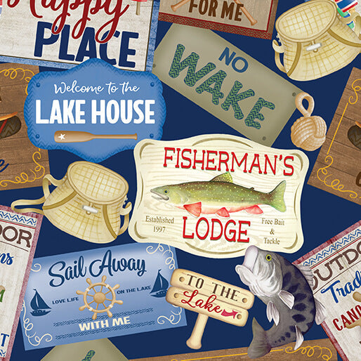 Benartex Sail Away lake house signs navy quilting cotton by the yard