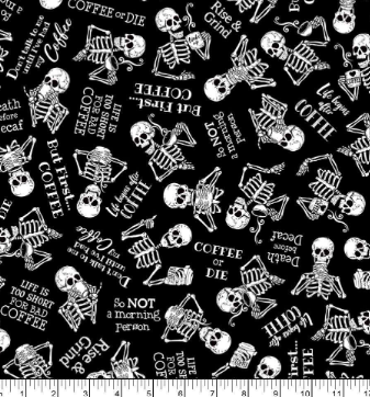 Tossed Skeletons In Need Of Coffee Black Halloween quilting fabric by Timeless Treasures